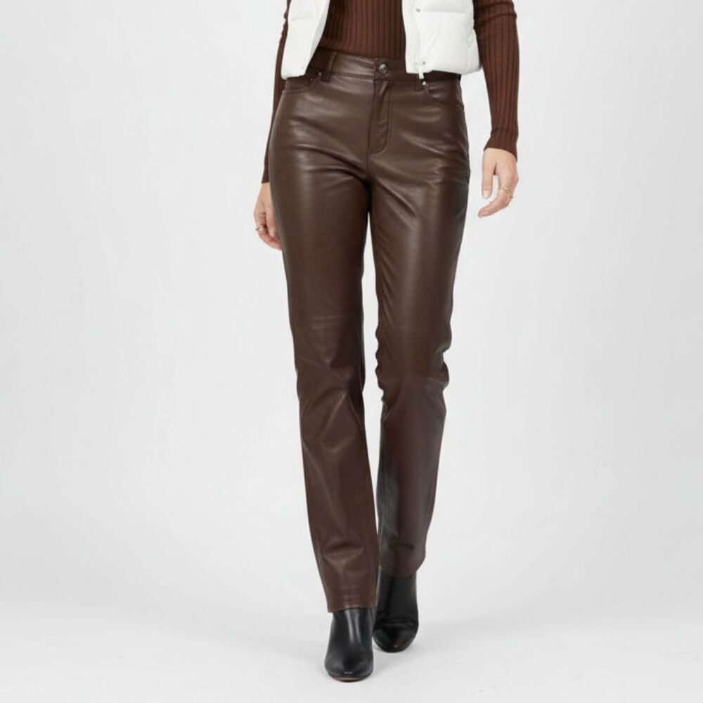 Alberto Makali 100% Leather Straight Leg High Waist Brown Chocolate Pants 8